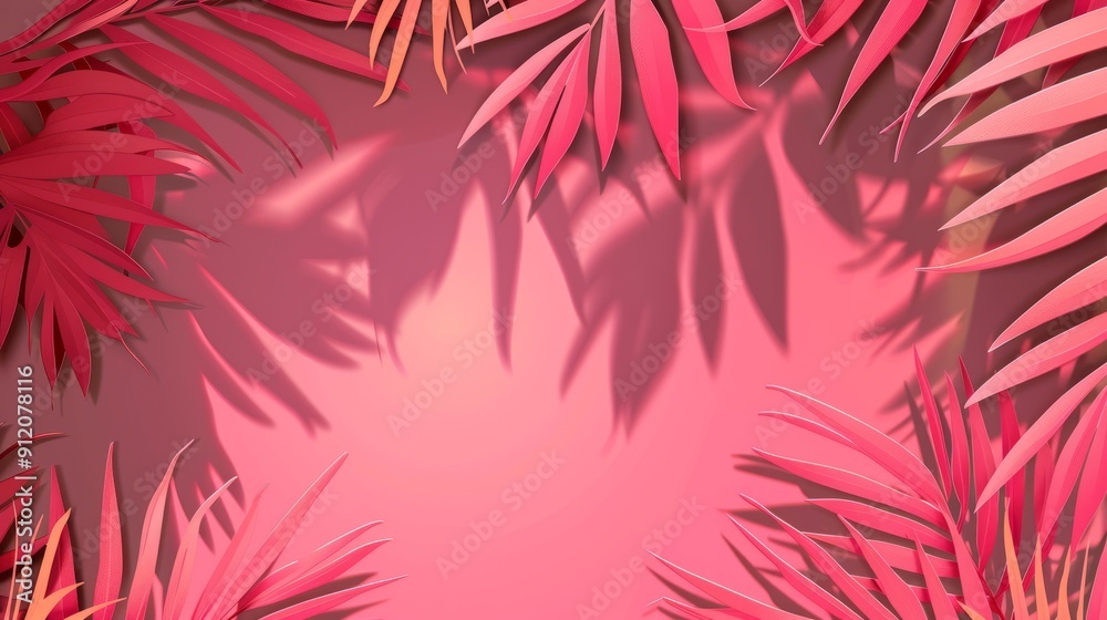 Pink background with tropical foliage shadows. Summer tropical travel concept Pink background with tropical foliage shadows. Summer tropical travel concept