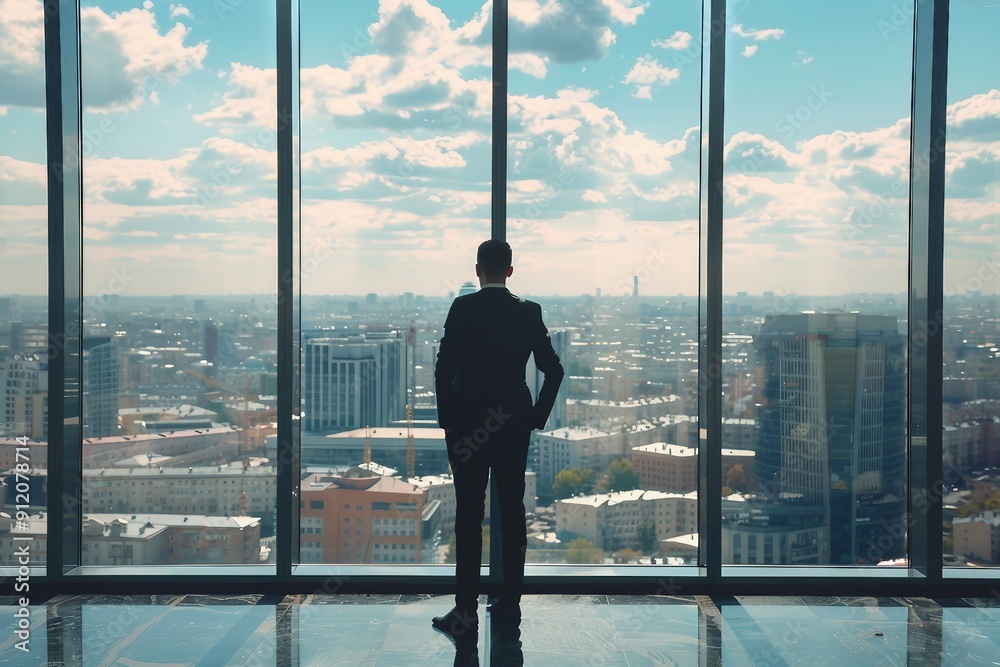 A silhouette of an individual standing in front of a large window overlooking an expansive city skyline under a blue sky with clouds. A silhouette of an individual standing in front of a large window overlooking an expansive city skyline under a blue sky with clouds.