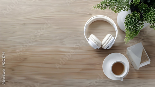 Flat lay view of white headphones on the table with a cup and small plant, top down view, flat lay, view from above, in the style of modern interior design, wood surface texture