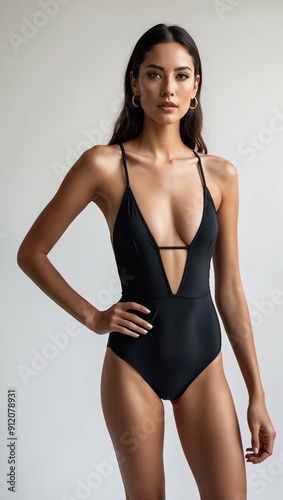 woman in black swimsuit on white plain background pictorial model shoot portrait 3