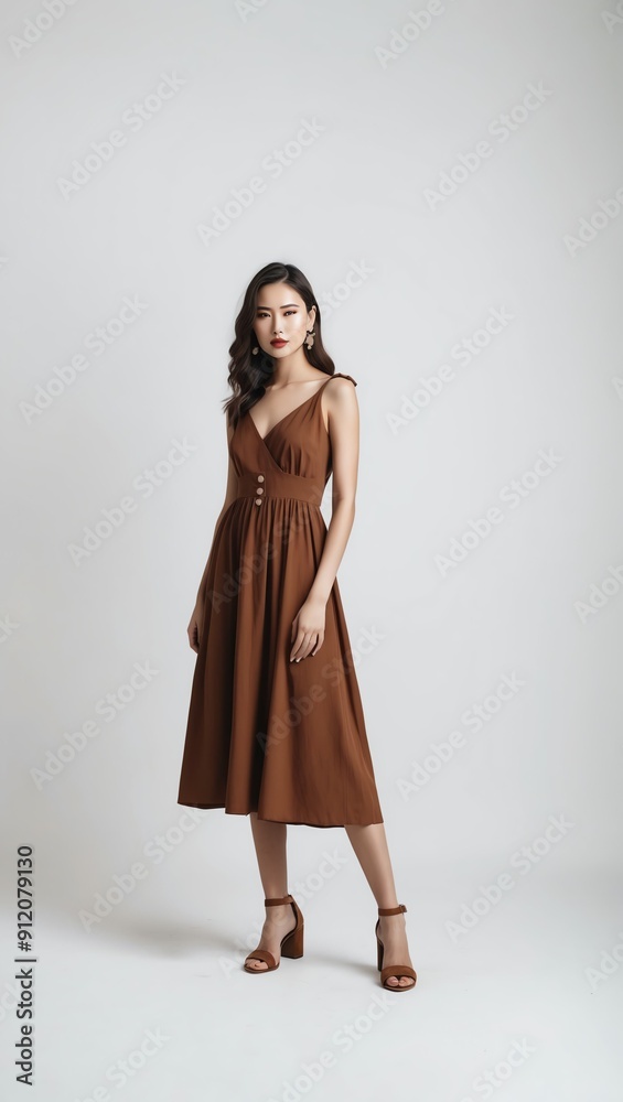 woman in brown summer dress on white plain background pictorial model shoot portrait woman in brown summer dress on white plain background pictorial model shoot portrait