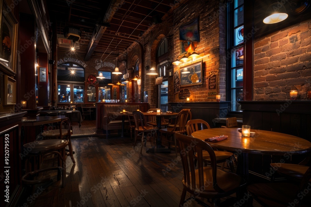 A downtown cafe with rustic charm, featuring evening ambiance and warm lighting A downtown cafe with rustic charm, featuring evening ambiance and warm lighting