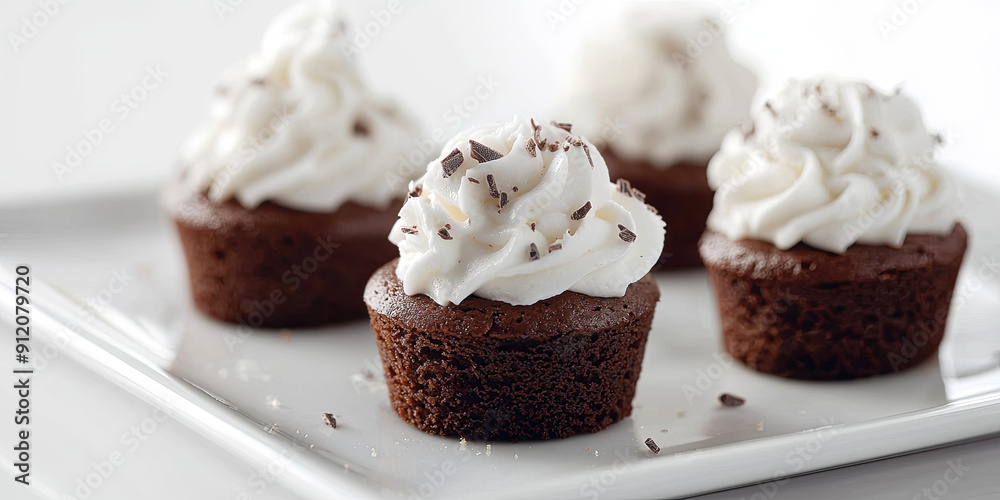 Small chocolate cakes with white cream on top, generative AI Small chocolate cakes with white cream on top, generative AI