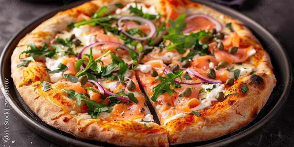 Homemade smoked salmon pizza with cream cheese red onion capers and baby arugula