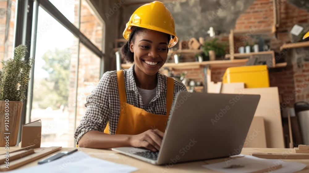Portrait of woman construction worker standing and using laptop in building site. Portrait of woman construction worker standing and using laptop in building site.