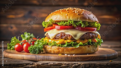 Close-up shot of a delicious, juicy burger with melting cheese, fresh vegetables, and a toasted bun, burger, cheeseburger