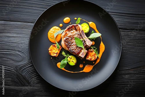 Fototapeta Naklejka Na Ścianę i Meble -  Beautifully Plated Gourmet Dish with Seared Fish,Roasted Vegetables,and Vibrant Autumn Garnishes