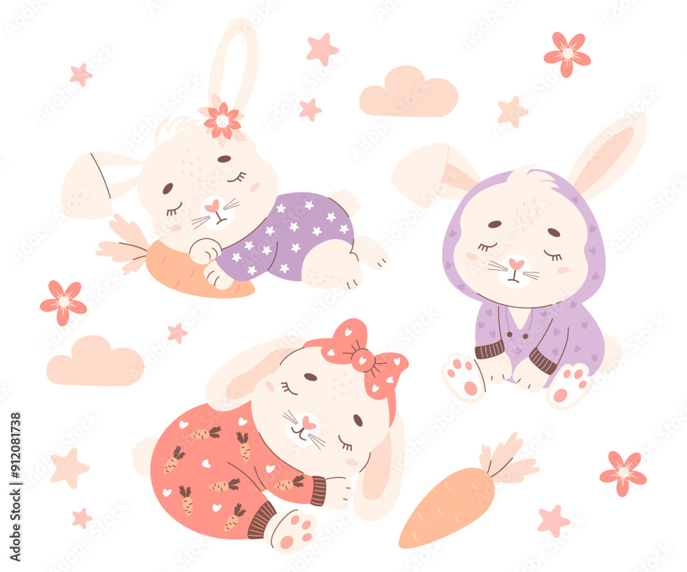 Collection cute funny sleeping animals rabbits in pajamas with carrot. Vector illustration. Kids collection in pastel colors Collection cute funny sleeping animals rabbits in pajamas with carrot. Vector illustration. Kids collection in pastel colors