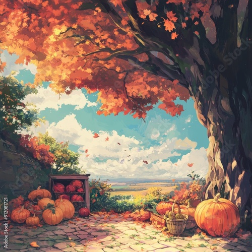 Autumn's Palette: A High-Detail Hand-Drawn Illustration Embracing the Season's Magic with a Tapestry of Colors and the Bounty of Harvest in Anime Style. photo