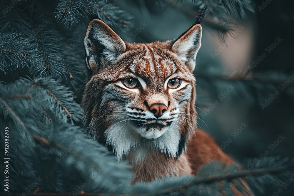 Fototapeta premium Close-up lynx portrait in woodland with trees