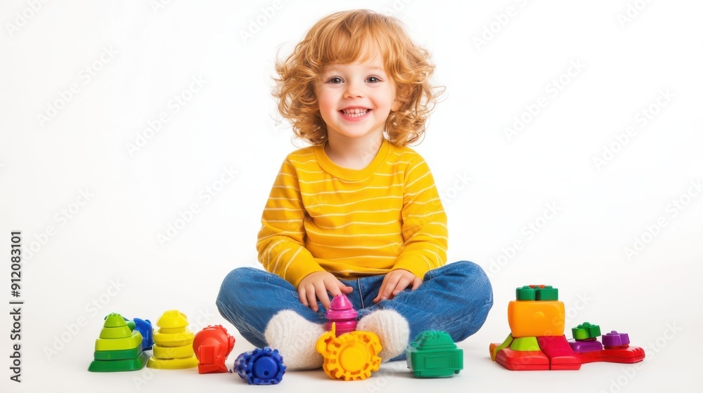 Happy child sitting with toys isolated on white background. Happy child sitting with toys isolated on white background.