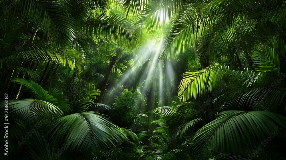 A vibrant green rainforest canopy with shafts of sunlight filtering through the leaves A vibrant green rainforest canopy with shafts of sunlight filtering through the leaves