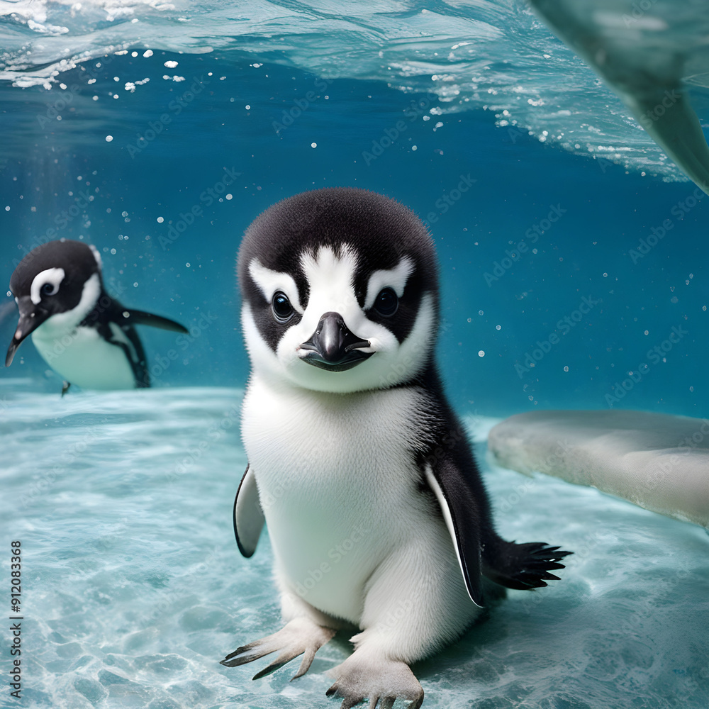 Obraz premium Cute baby penguin swimming in the pool,generative AI 