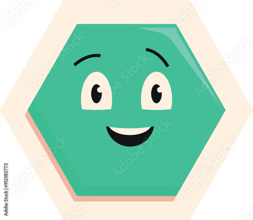 Green hexagon character with a big smile, looking happy and friendly
