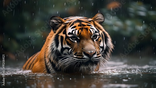 Majestic Tiger in the Rain, A Close-Up Portrait of a Powerful Predator in Its Natural Habitat