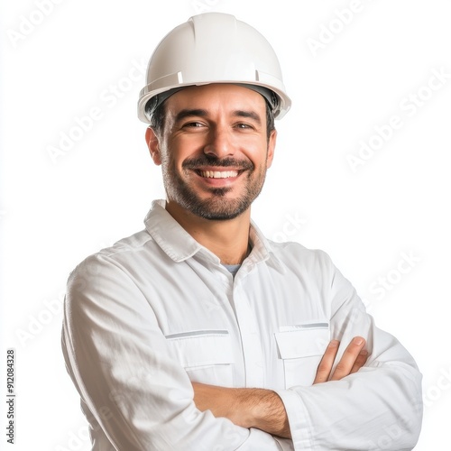 Construction worker, engineer and studio portrait of happy man in vest and helmet for safety on white background.