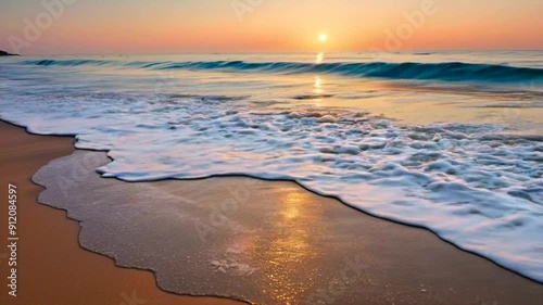 Foamy waves crashing on a sandy beach at sunrise. photo