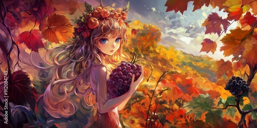 Autumn's Palette: A High-Detail Hand-Drawn Illustration Embracing the Season's Magic with a Tapestry of Colors and the Bounty of Harvest in Anime Style. photo