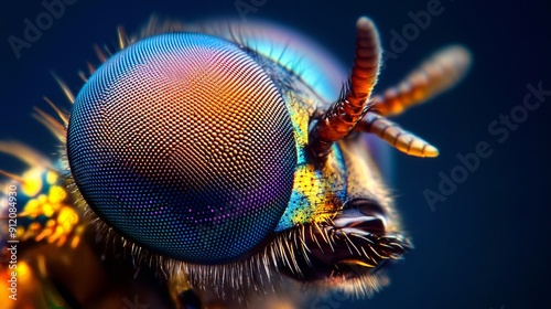 This high-resolution macro photograph captures an extreme close-up of a flyâ€™s compound eye, showcasing the thousands of tiny, hexagonal lenses that make up its surface. Each ommatidium is carefully