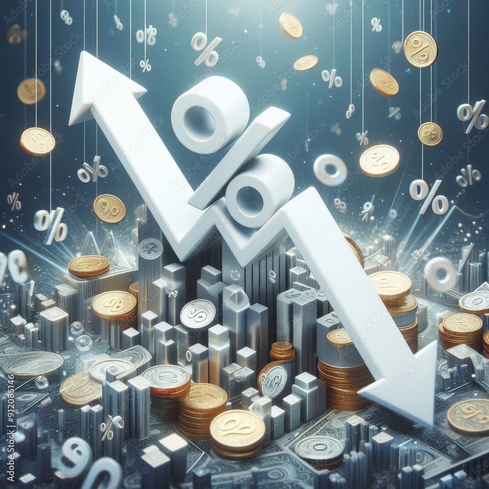Fototapeta premium falling white chart arrow with percent icon on прозрачный background. Falling interest rates and mortgage concept. 3D Rendering.