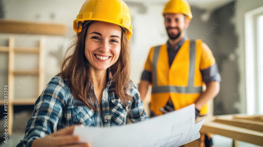 Happy man analyzing housing plans with a worker at construction site. Happy man analyzing housing plans with a worker at construction site.
