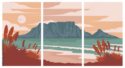 view of table mountain south africa poster vector illustration, set of cape town minimalist poster design.