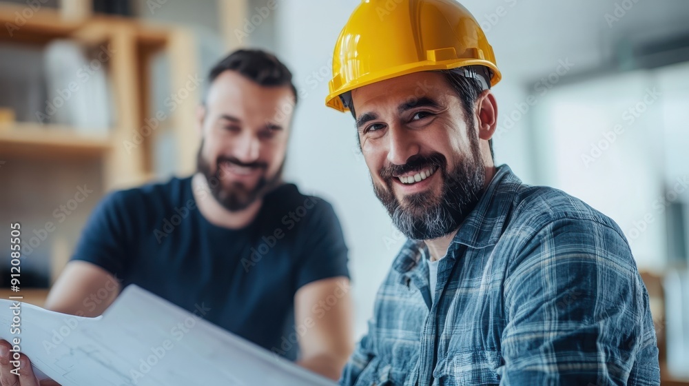 Happy man analyzing housing plans with a worker at construction site. Happy man analyzing housing plans with a worker at construction site.