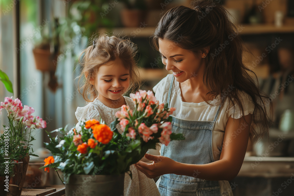 Cheerful kid daughter embracing mother woman with bouquet of flowers on Mother's Day. Cheerful kid daughter embracing mother woman with bouquet of flowers on Mother's Day.