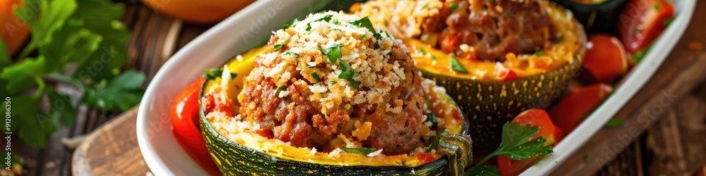 Stuffed Round Zucchini in Italian Style with Sausage Parmesan Cheese Bell Pepper Egg and Bread Crumbs in a White Bowl Stuffed Round Zucchini in Italian Style with Sausage Parmesan Cheese Bell Pepper Egg and Bread Crumbs in a White Bowl