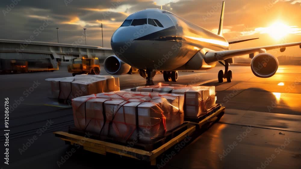 Air cargo operations at sunset in a busy airport