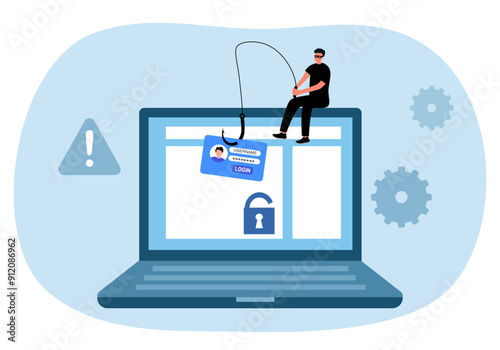 Phishing scam, hacker crime attack and personal data security concept. Hacker try to unlock the key on computer and phishing account, stealing password. cyber security vector illustration.