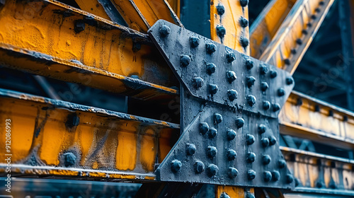 Close-up of Rivets Connecting Steel Beams of a Bridge photo