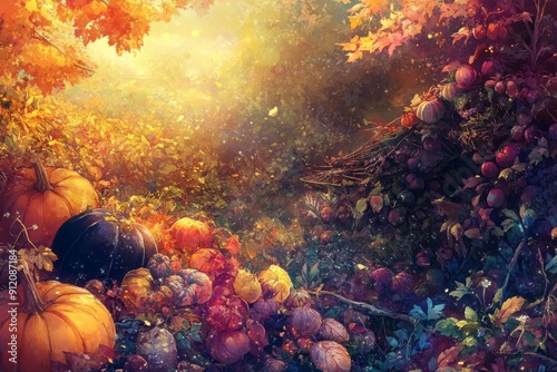 Autumn's Artistic Palette: A High-Detail Hand-Drawn Illustration Embracing the Season's Magic with a Tapestry of Rich Colors and Harvest Bounty in Anime Style. photo