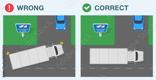 Safe driving tips and traffic regulation rules. Correct and incorrect driving. Lorry is turning onto a unsuitable for heavy goods vehicle road. Top view. Flat vector illustration template.