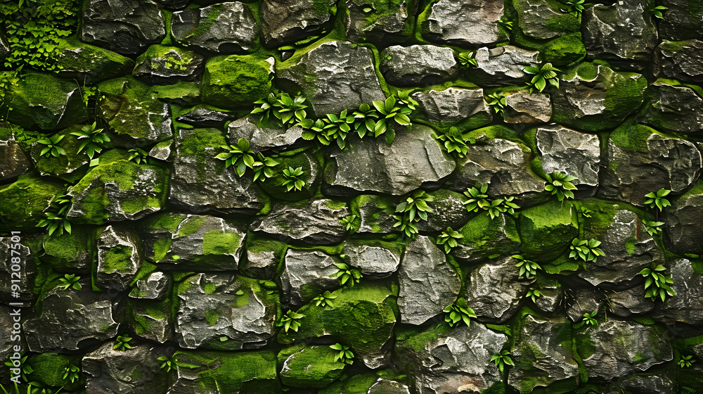 Stone wall covered in green moss texture with room for text Stone wall covered in green moss texture with room for text
