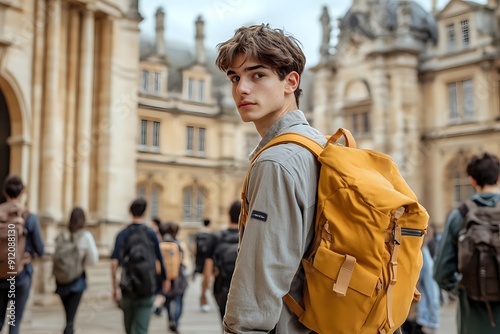 A Young Man With a Yellow Backpack Walks Through a University Campus, Student Life in Oxford photo