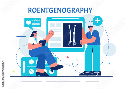 Roentgenography Vector Illustration with Fluorography Body Checkup Procedure, X-ray Scanning or Roentgen in Health Care in a Flat Cartoon Background