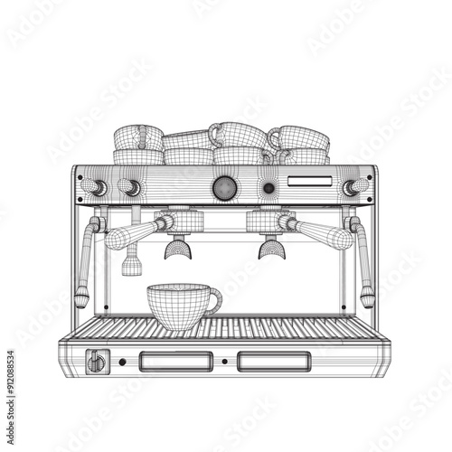 Coffee machine vector line illustration. Coffee maker line art vector illustration. Espresso coffee machine blueprint. Wireframe drawing of coffeemaker. Industrial linear concept. 3D