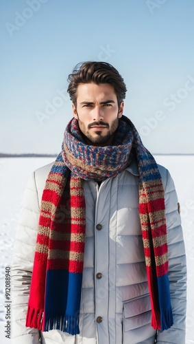 man in colorful winter scarf on white plain background pictorial model shoot portrait