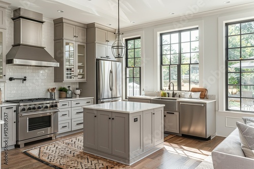 Small kitchen with light gray cabinets, stainless steel appliances, white walls, and dark wood floors, featuring large windows opening to a living room, styled in farmhouse cottage architecture.