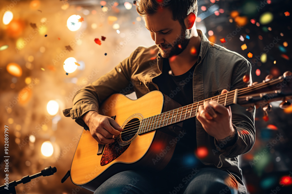 Obraz premium Man playing acoustic guitar, scene with confetti