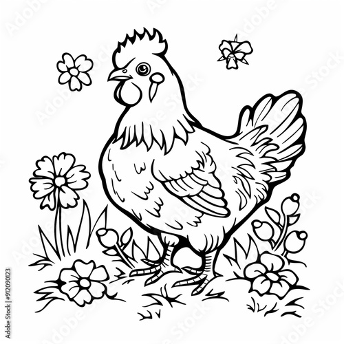 a black and white drawing of a chicken in a field of flowers