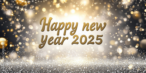 Text mit Glitter und Deko Happy New Year 2025 Frohes neus Jahr 2025 für Karte Einladung Werbebanner photo