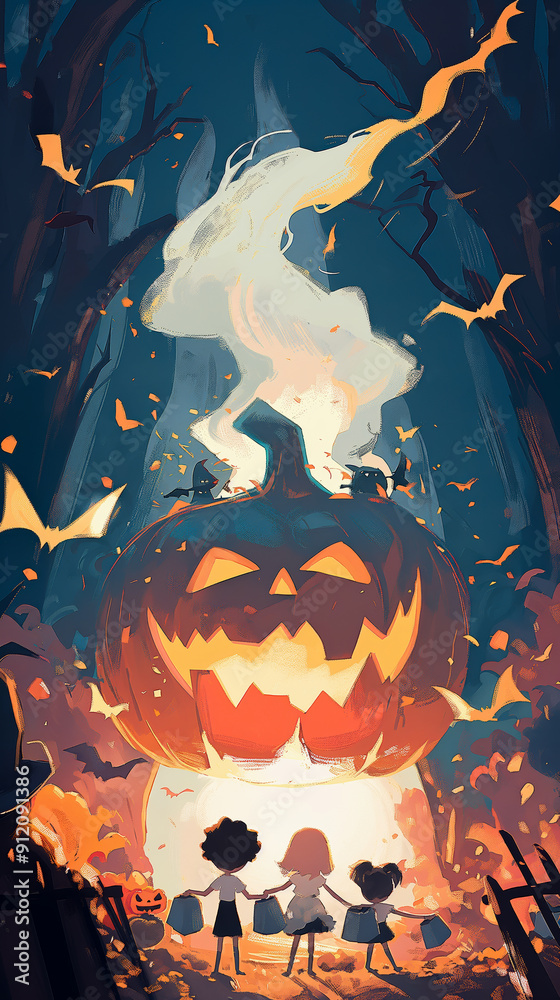 A pumpkin lantern glows in a mysterious forest, creating a Halloween atmosphere