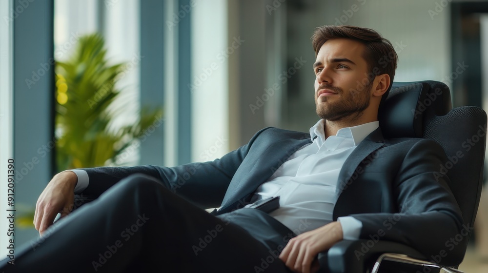 Confident serious focused stylish rich african black man sitting in chair at home looking away through window dreaming thinking of success, leadership, business vision, planning future in luxury life. Confident serious focused stylish rich african black man sitting in chair at home looking away through window dreaming thinking of success, leadership, business vision, planning future in luxury life.