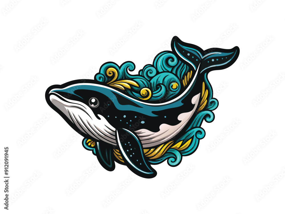 Cartoon illustration of a whale with blue and yellow waves surrounding ...