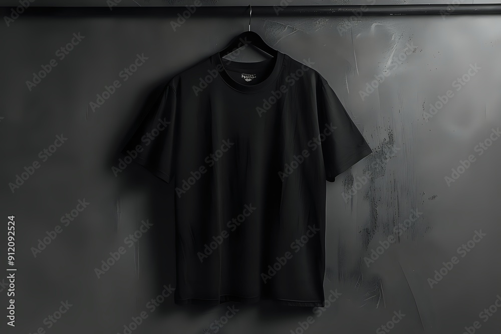 Black T-Shirt Hanging on a Hanger Against a Dark Gray Background, Simple Minimalist Style, Modern Fashion, Clothing Design Black T-Shirt Hanging on a Hanger Against a Dark Gray Background, Simple Minimalist Style, Modern Fashion, Clothing Design