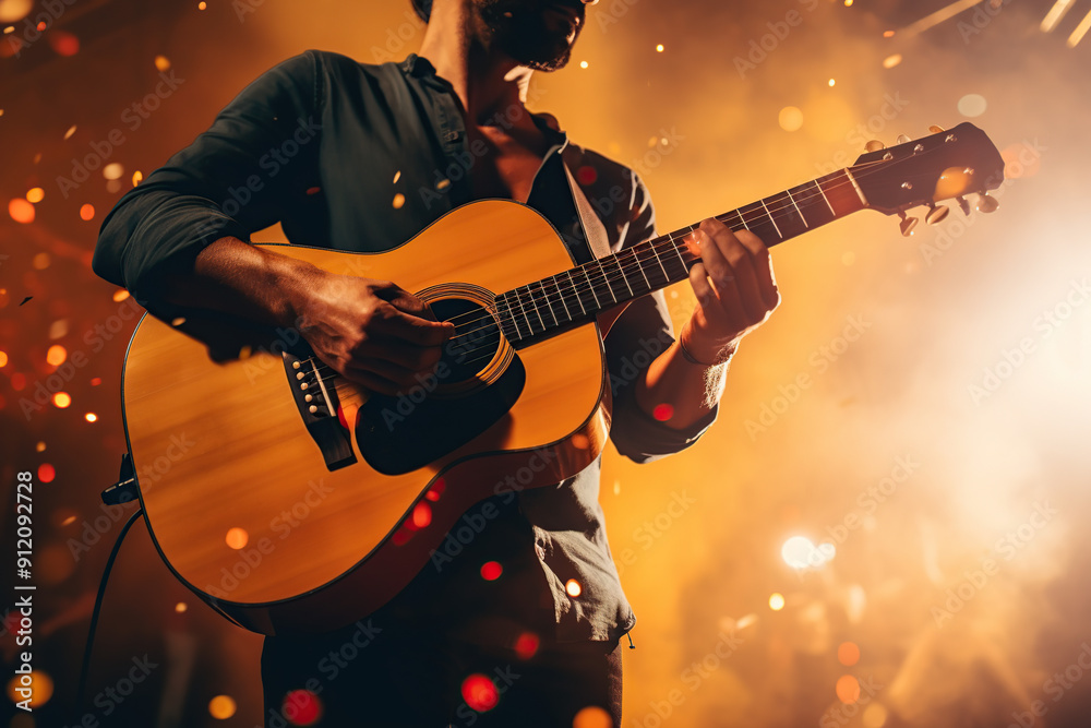Obraz premium Man playing acoustic guitar, warm lighting scene