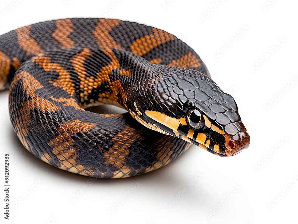 Fototapeta premium Adder in defensive pose on white background, semi close-up, no people, highlighting its danger and wild nature, more clarity with clear light and sharp focus, high detailed