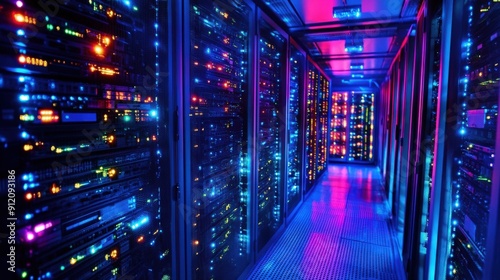 Server Racks Illuminated with Blue and Pink Lights